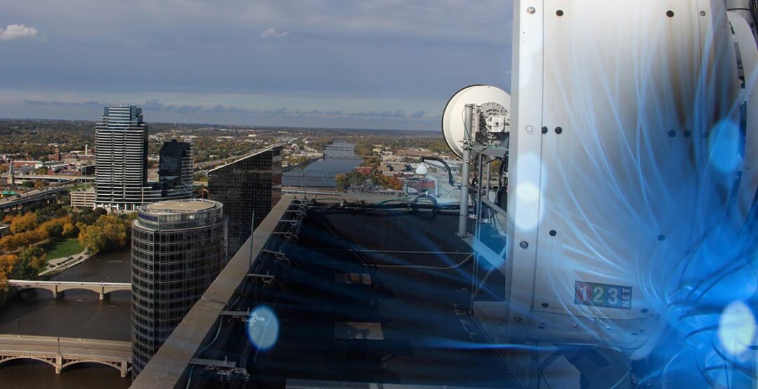 fixed wireless access point on top of downtown Grand Rapids Michigan building
