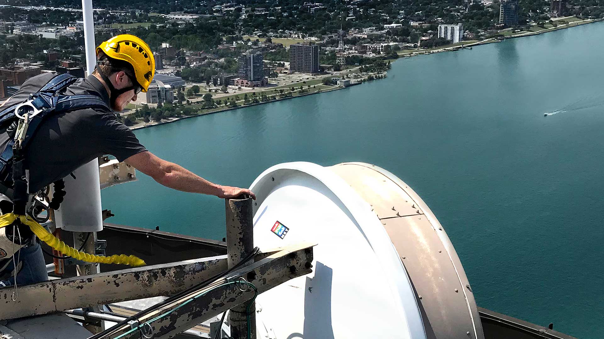 Fixed wireless internet installation on rooftop in Detroit Mi.